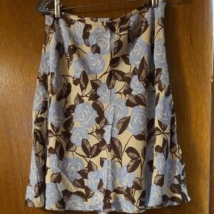 LOFT Cream A-Line Skirt with Blue Floral and Brown Leaves